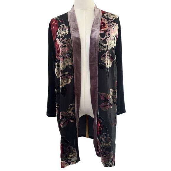 Mystree Large Floral Velvet Dark Gray Blue Kimono Ruana Wrap Open Cardigan - Picture 1 of 8